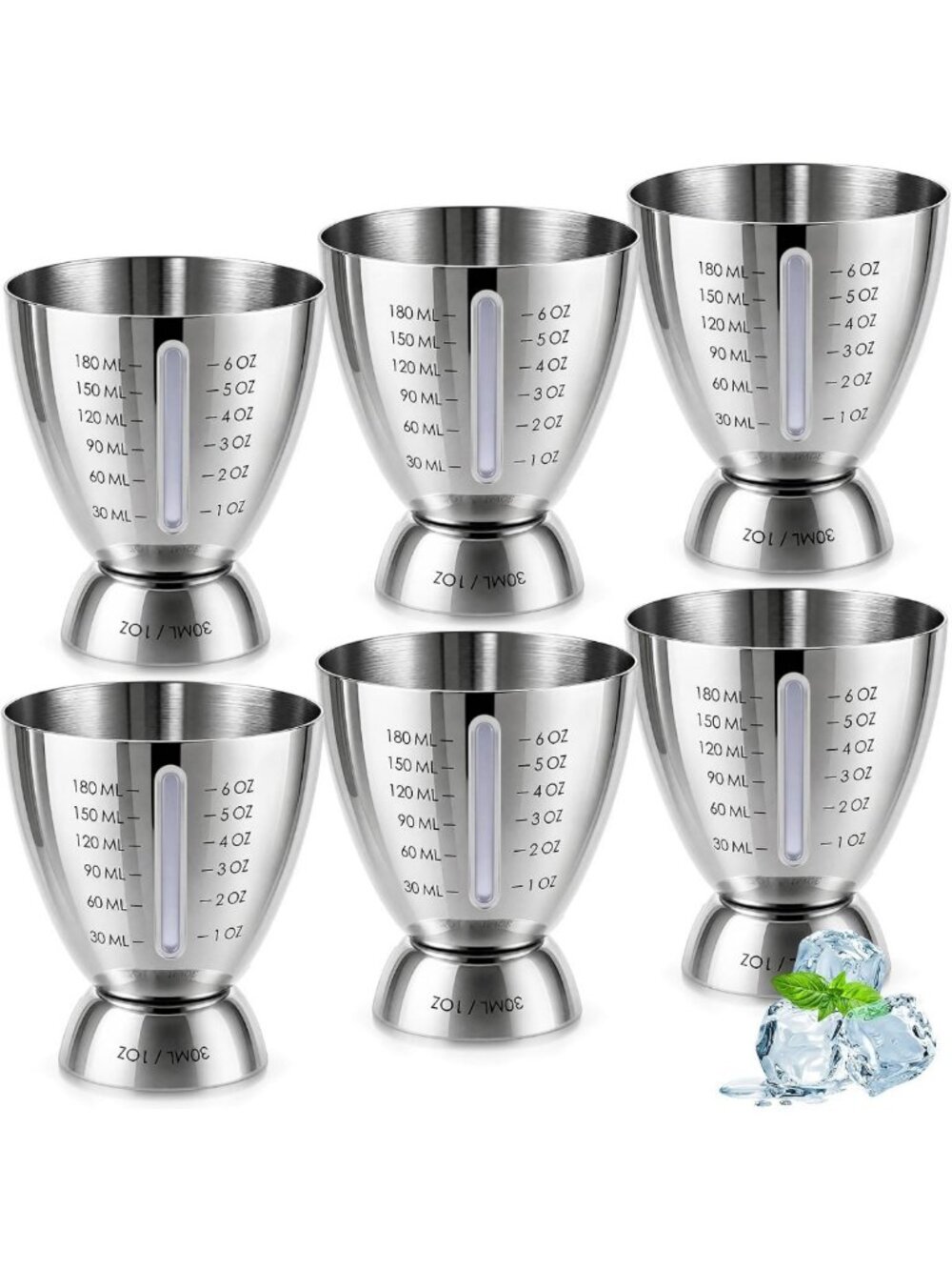 Set of 6 Stainless Steel Bell Jiggers - 1oz & 6oz Cocktail Measuring Tools
